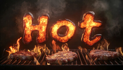 Hot, with bold fiery text in flames against a black background, featuring sizzling meat on the grill. The text appears dynamic, made of vivid fire, enhancing the fiery theme.