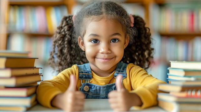 Cute cheerful smiling Black girl with pony tails holding her hands with thumbs up. School library background with books. - Powered by Adobe