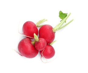 Many fresh ripe radishes isolated on white, top view
