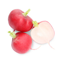Whole and cut radishes isolated on white, top view
