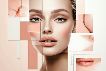 Graphic layout for beauty advertising featuring a model with flawless skin and soft makeup