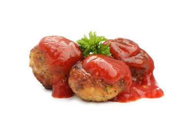 Delicious meatballs with tomato sauce isolated on white