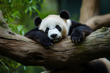 Obraz premium Peaceful Panda Resting on a Tree Branch
