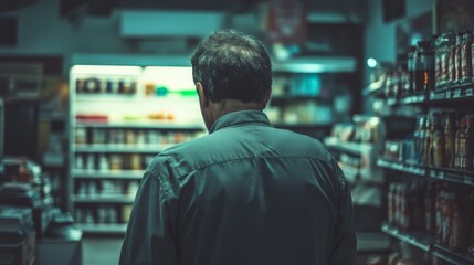 A man stands alone in the dim aisle of a grocery store, absorbed in the selection process, surrounded by shelves teeming with products.