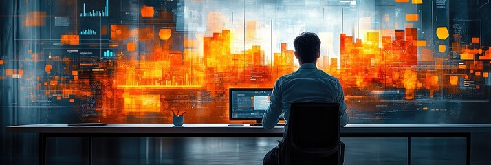 Graphic layouts for advertising in a modern digital workspace featuring vibrant city visuals