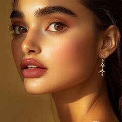 light skin model wearing earring mockup, mauve lipstick, Cartier commercial -