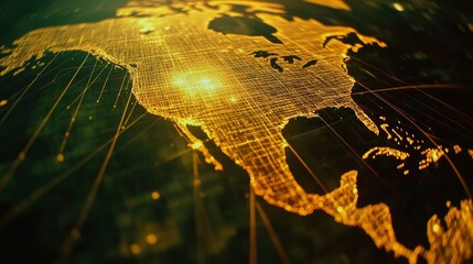 A glowing digital map of North America with interconnected lines representing a network, casting a futuristic gold luminescence.