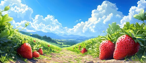 Sunny Strawberry Field with Blue Sky and Clouds in a Lush Green Valley Landscape