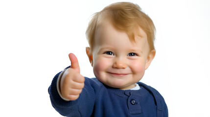 Cute cheerful smiling toddler boy with red curly hair holding his hand with thumb up in approving gesture. Creative banner for different concepts