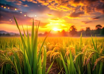 Sunlit golden rice fields at sunrise, bokeh sunset blurring the horizon's beauty.