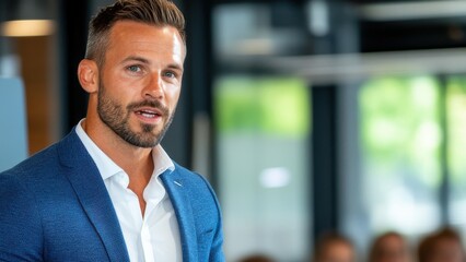 Fototapeta premium Confident Businessman Engaging Audience with Presentation Skills in Modern Office Environment