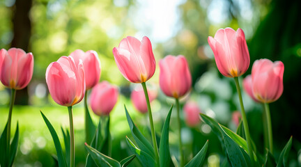 Fototapeta premium Pink tulips in the park, blurred background of green trees and grass, sunlight filtering through leaves, soft focus on the petals, vibrant spring colors, tranquil atmosphere