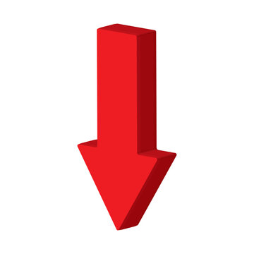 Red 3d arrow going down stock icon on white background. Bankruptcy, financial market crash icon for your web site design, logo, app, UI. graph chart downtrend symbol.chart going down sign.