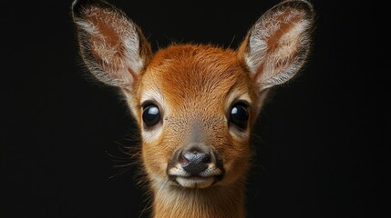 Close-up fawn portrait, black background, wildlife