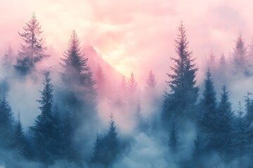 Obraz premium A serene painting of a misty forest at dawn with soft pastels and mood lighting, evoking calm and mystery. Ideal as wall art for coffee shops, spas, or meditation spaces, creating a peaceful ambiance.