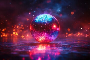 Colorful disco ball on a dark background with bokeh lights and a floor. 