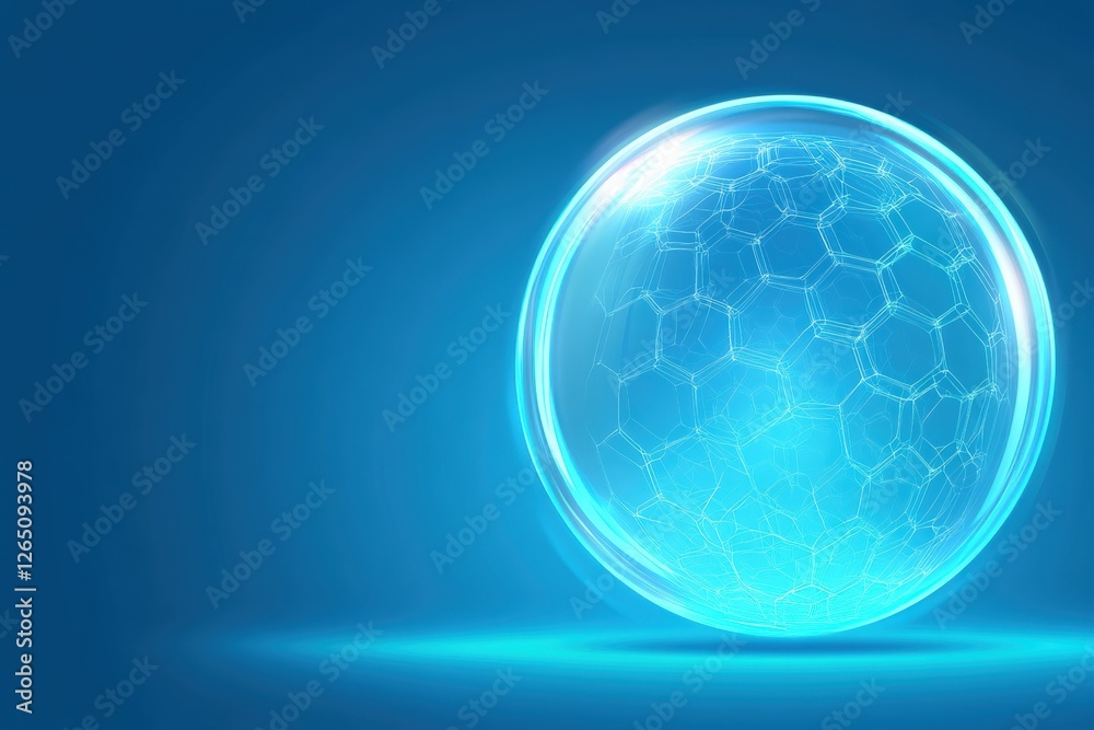 Poster visual graphic layout showcasing a glass sphere with a hexagonal pattern on a blue background