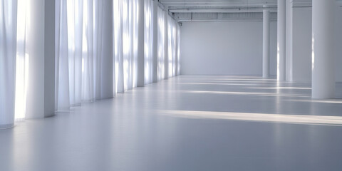 Fototapeta premium Interior Space with White Columns, Curtains, and Sunlight