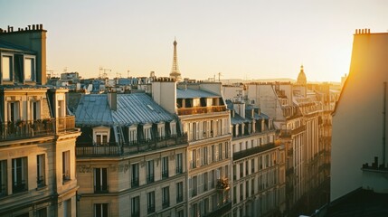 Parisian rooftops and distant Eiffel Tower bask in golden sunrise, blending history with modern life's vibrance.