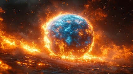 Obraz premium A blue burning planet with orange flames sparks. Alien planet deep space.