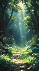 Obraz premium A serene painting of a misty forest at dawn with soft pastels and mood lighting, evoking calm and mystery. Ideal as wall art for coffee shops, spas, or meditation spaces, creating a peaceful ambiance.