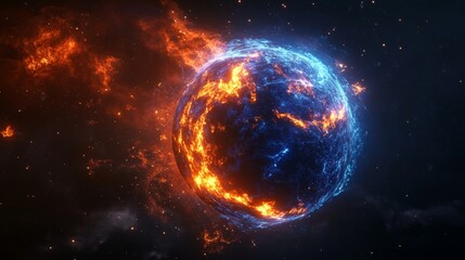Obraz premium A blue burning planet with orange flames sparks. Alien planet deep space.
