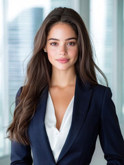 Fototapeta premium Confident woman in navy blazer and white blouse stands in modern office setting