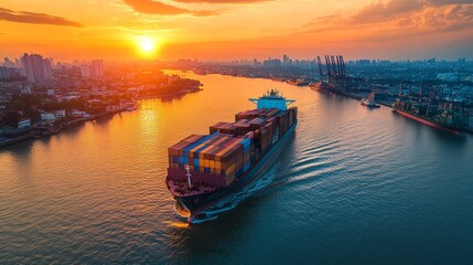 Fototapeta premium A photograph of a cargo ship with containers sailing in a harbor at sunset, with an industrial dock and city background. 