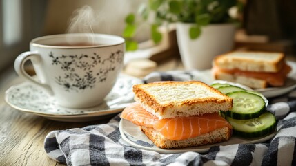 Fototapeta premium A cozy brunch scene with freshly prepared smoked salmon and cucumber tea sandwiches on a checkered linen cloth, next to a steaming cup of herbal tea
