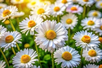White and yellow daisies carpet a sun-drenched meadow; an aerial view reveals a profusion of Bellis perennis.