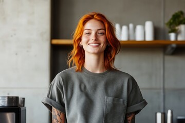 Smiling barista with orange hair in a modern coffee shop setting enjoying her workday
