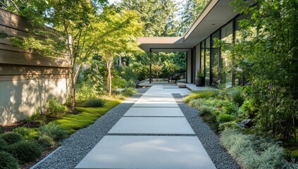 Obraz premium Modern home's serene garden path with stone, gravel, and lush greenery.