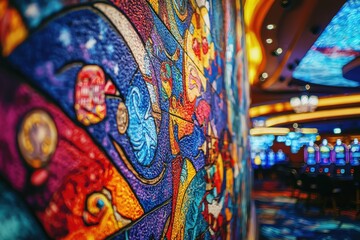 A bright stained glass panel with historical motifs against the backdrop of a blurred casino interior.
