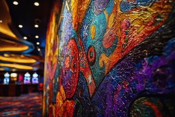 Colorful textured abstract painting in focus, with blurred interior and soft lights in background.