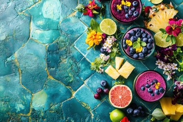 Colorful fruit smoothies with fresh berries, pineapple, and edible flowers on a teal background.