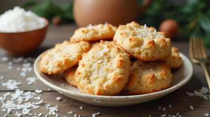 Freshly baked coconut cookies on a plate, topped with coconut flakes, ready for a delicious treat.
