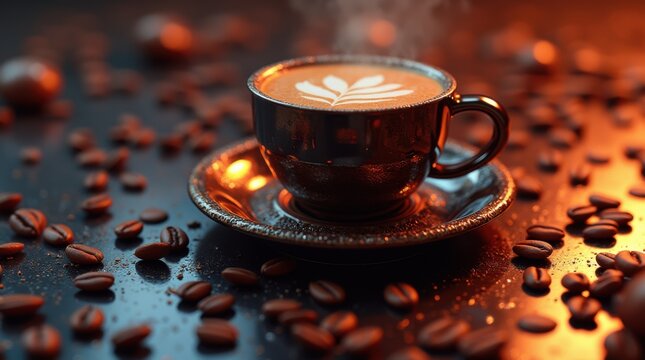 A beautifully crafted latte in a dark elegant cup with intricate latte art, surrounded by coffee beans.