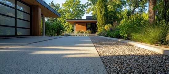 Modern home driveway with concrete and gravel pathway, lush green landscaping.