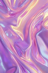 Fototapeta premium Abstract iridescent fabric texture with flowing, wavy folds in pastel purple, pink, and yellow hues.
