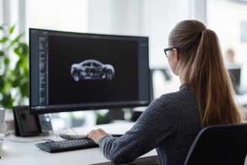 Designer focused on creating car designs in modern office workspace with large monitor
