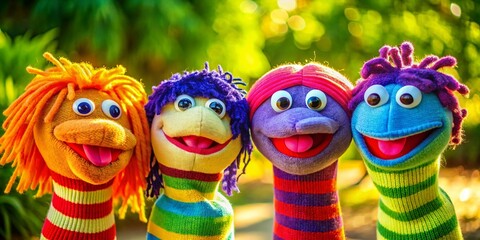 Playful Colorful Sock Puppets Outdoor Lineup - Stock Photo
