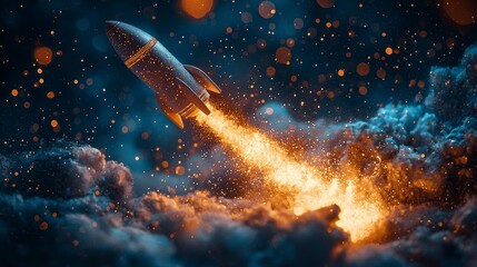 A beautifully detailed rocket lifts off amidst a dramatic backdrop of sparkling cosmic clouds, embodying the excitement of exploration and achieving the impossible.