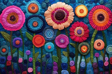 Colorful textile flowers in a vibrant garden setting with intricate patterns and textures