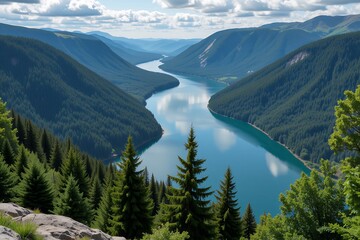 Serene Mountain Lake Landscape Majestic River Winding Through Verdant Forests and Peaks