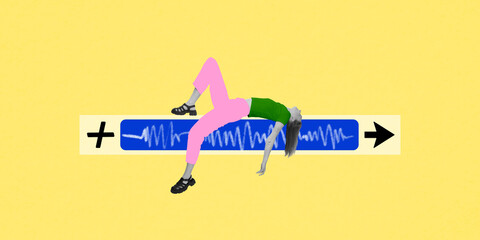 Woman lying stretched over digital audio bar against yellow background. Exhaustion from constant digital noise and social media engagement. Concept of social media, networking, communication