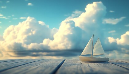 Wooden surface with a toy boat adventure scene, cotton clouds floating above, playful and serene, highresolution, 4K UHD
