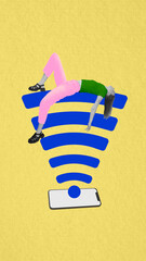 Woman lying relaxed over large Wi-Fi signal icon against yellow background, depicting digital...