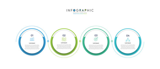 4 step timeline infographic template with circular Icons, Informative circular process infographic chart for business startup demonstration, Modern infographic design template.