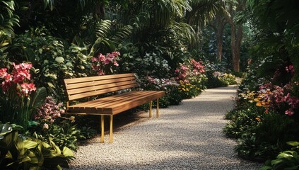 Obraz premium Wooden bench in a lush tropical garden with a gravel path.