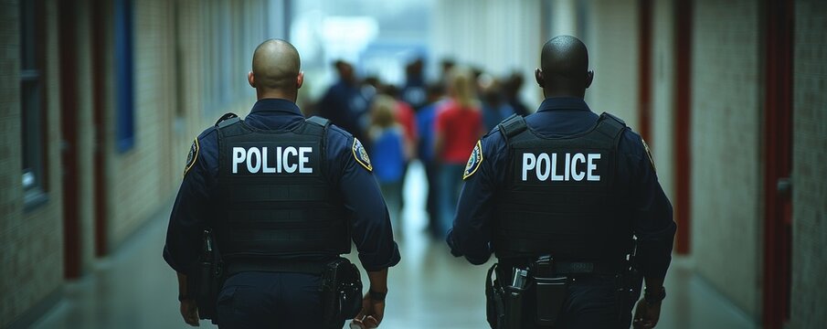 Two police officers in uniform with the inscription "POLICE" on their backs are walking along hallway.